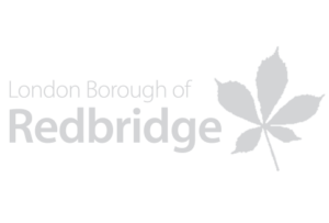 Grey leaf emblem beside rectangular grey banner