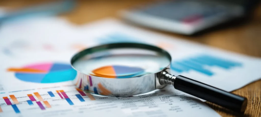 Magnifying glass over colourful financial charts and reports