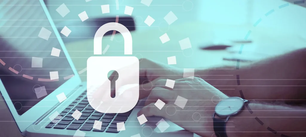 Padlock icon over laptop user representing online cybersecurity