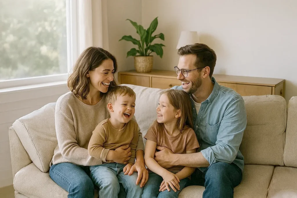 Smiling family of four sitting together on a sofa