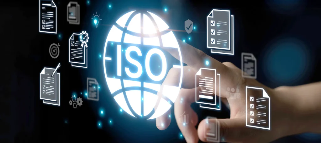 Hand selecting glowing ISO compliance globe with document icons