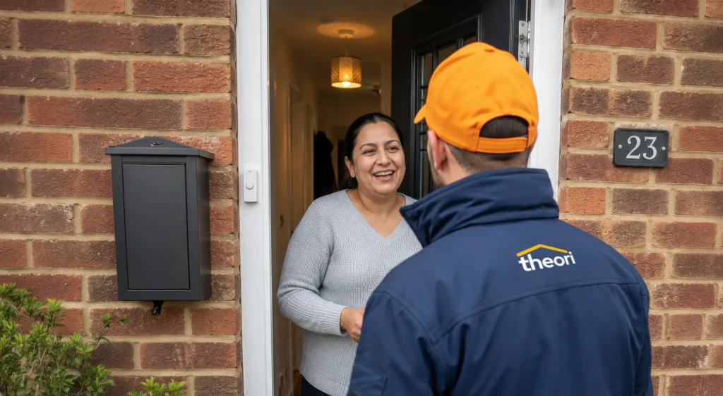 Customer welcomes Theori delivery worker at front door