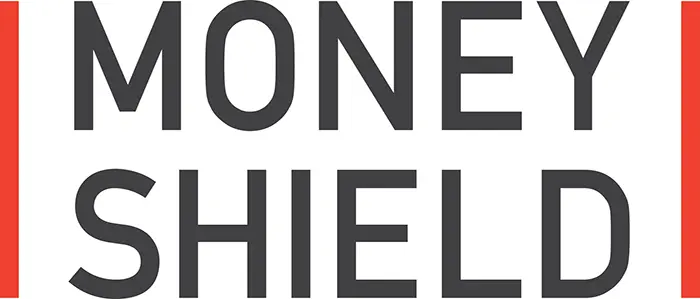MONEY SHIELD logo with red vertical borders