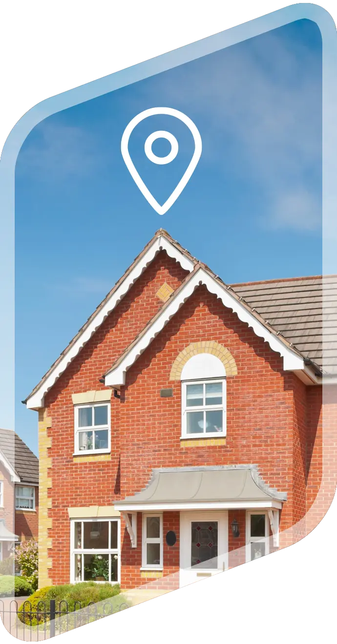 Red-brick house beneath a location pin icon