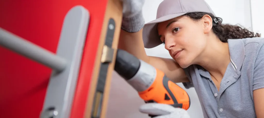Woman in protective gloves using power drill near ladder